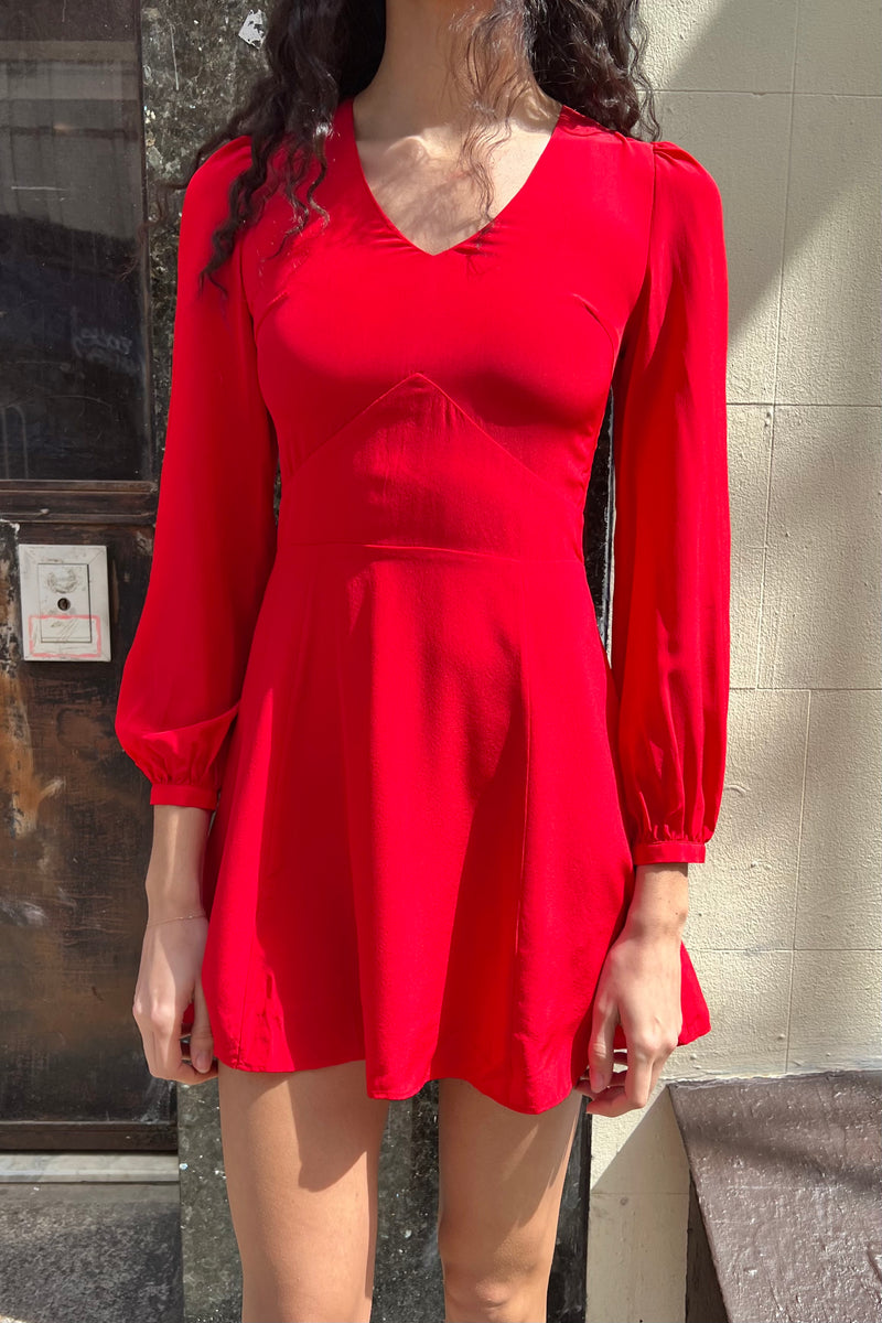 Silk LS V Neck Mini Dress Sample - Red