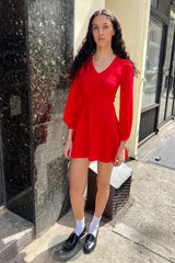 Silk LS V Neck Mini Dress Sample - Red
