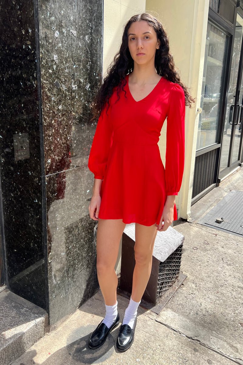 Silk LS V Neck Mini Dress Sample - Red