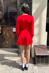 Silk LS V Neck Mini Dress Sample - Red