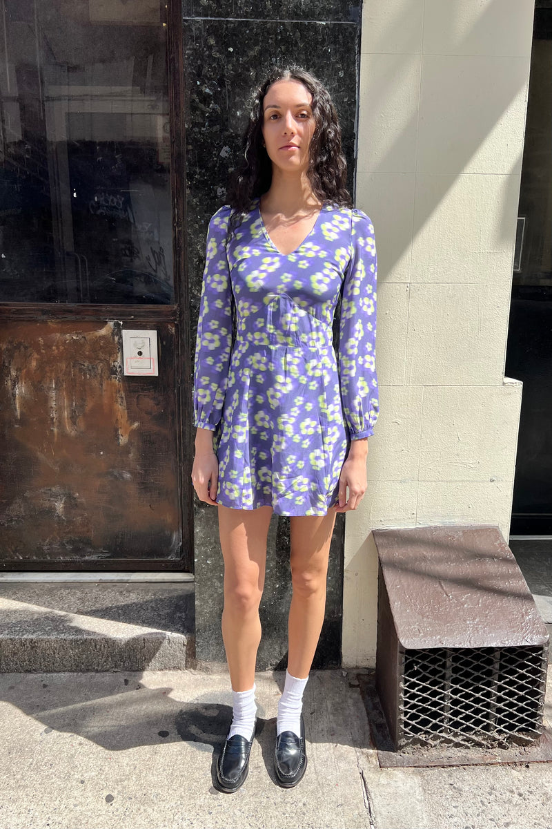 Silk LS V-Neck Mini Dress Sample - Daisy Blur