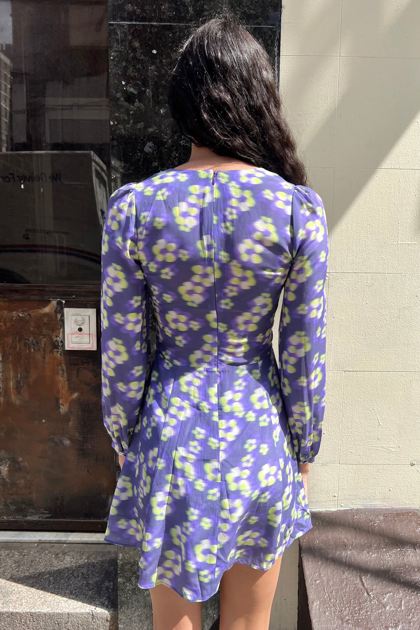 Silk LS V-Neck Mini Dress Sample - Daisy Blur