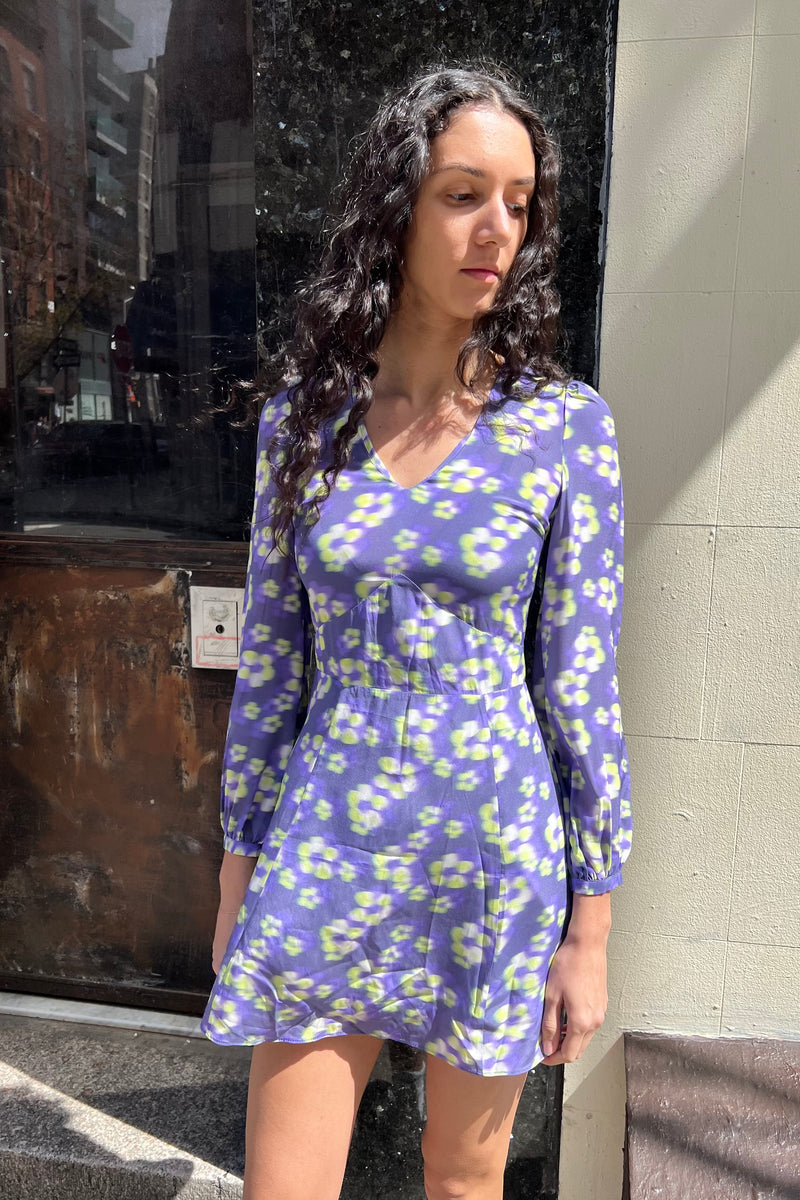 Silk LS V-Neck Mini Dress Sample - Daisy Blur
